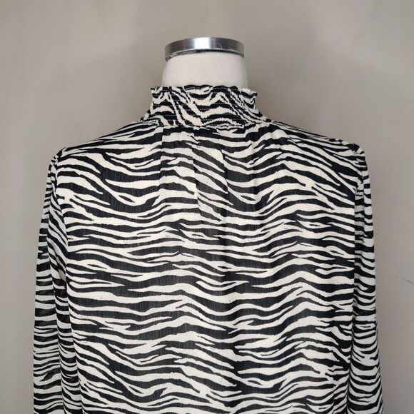 J Crew Zebra Stripe Chiffon Blouse Mock Neck Black White Long Sleeve - Picture 8 of 9